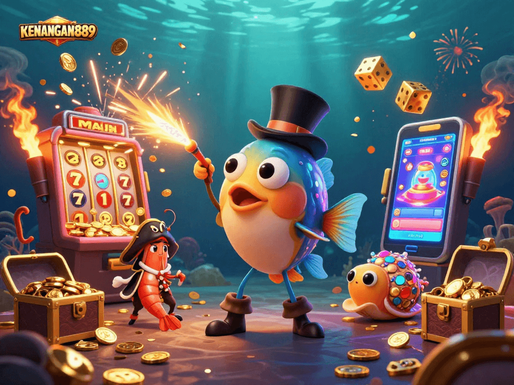 Experience thrilling gameplay with KENANGAN889 in this rich 3D aquatic casino scene filled with vibrant characters and dynamic elements.