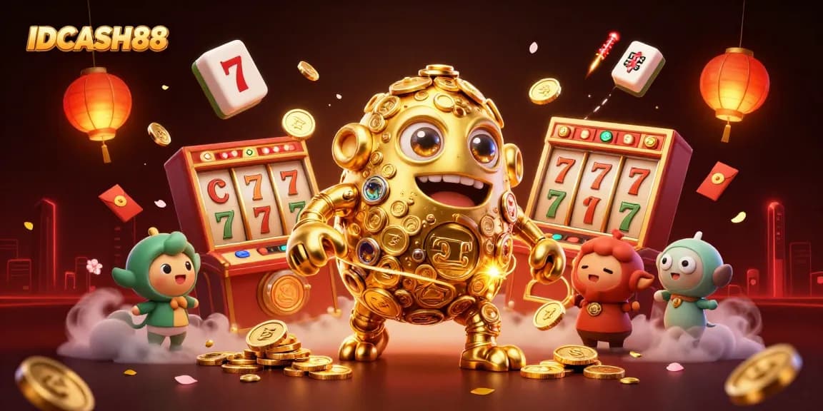 Experience thrilling slot action with IDCASH88's dynamic casino illustration showcasing excitement and vibrant game elements.