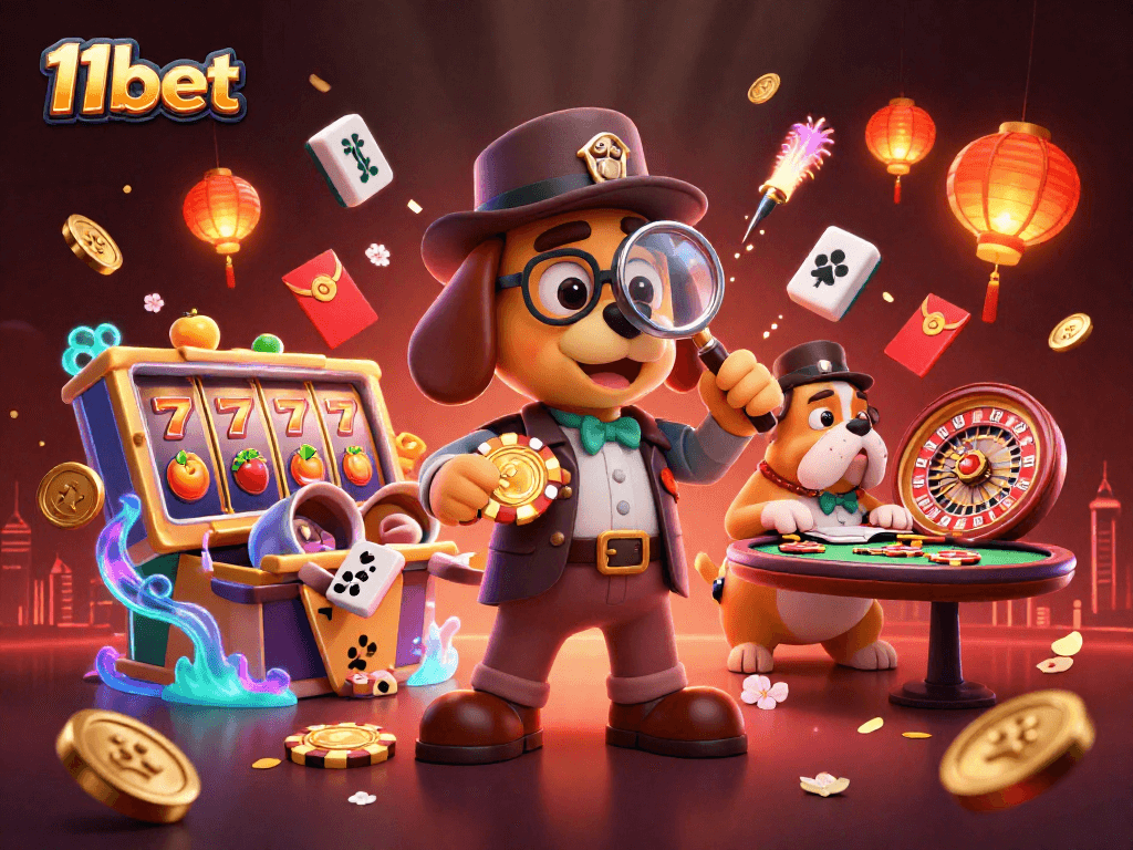 11bet casino scene with 3D cartoon detective and gaming elements illustrating poker excitement