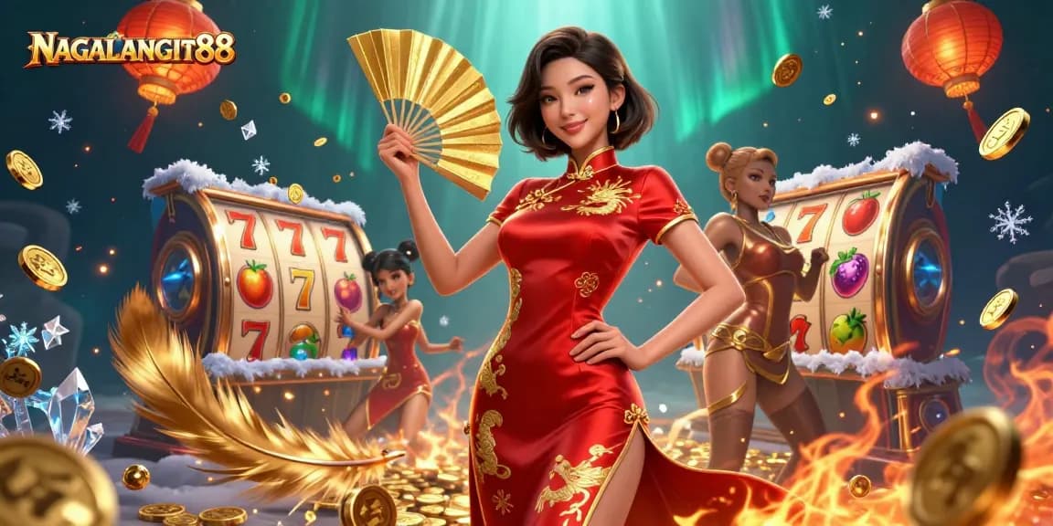 NAGALANGIT88 offers a thrilling slot experience with beautiful, confident character in a vibrant casino setting.