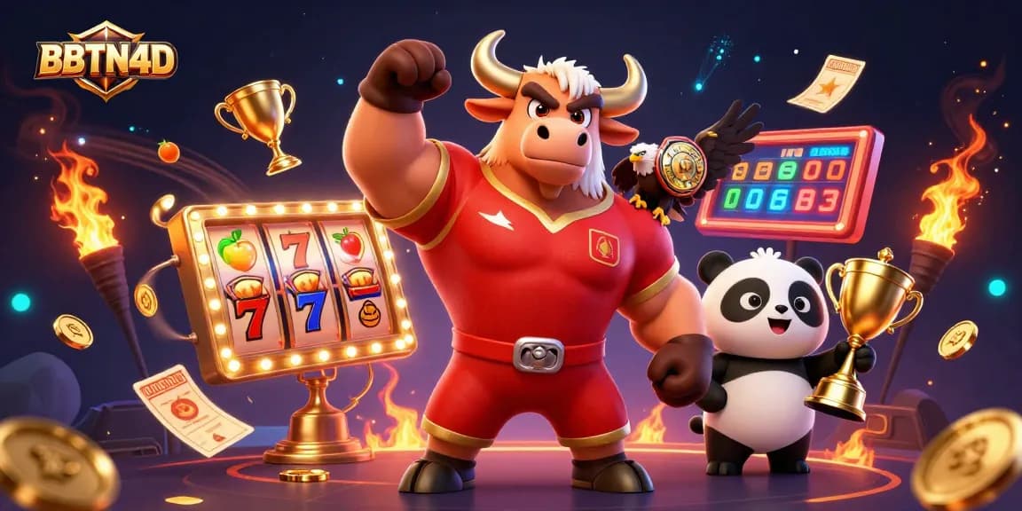 BBTN4D menghadirkan pengalaman bermain slot dengan simbol keberuntungan, kemenangan, dan trofi emas.