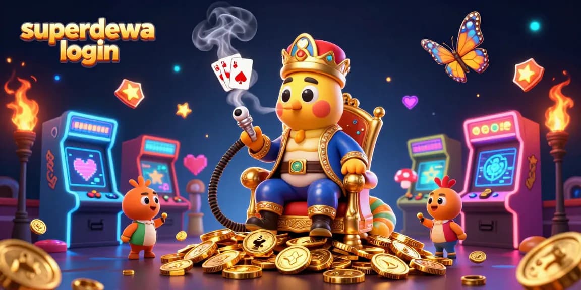 Pergi ke permainan seru superdewa login dengan slot menarik dan simbol kemenangan mengelilingi karakter berwarna-warni.