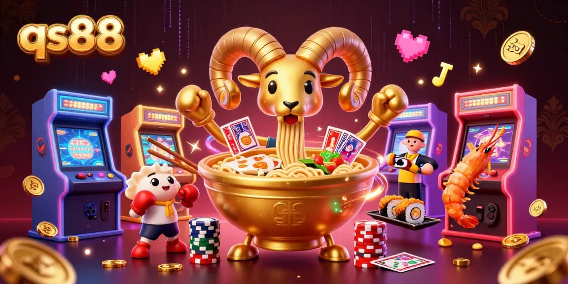 Engage with qs88 in a vibrant casino atmosphere featuring a golden ramen bowl dealer and dynamic game elements.