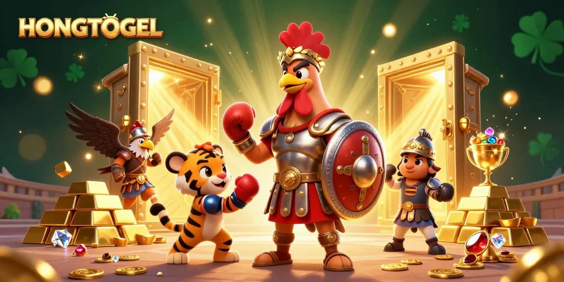 Menggambarkan HONGTOGEL yang penuh energi dengan karakter ayam jantan gladiator dan elemen judi menarik di arena koloseum.