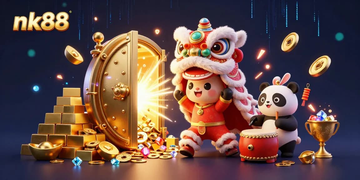 Engage in thrilling experiences with nk88, amidst vibrant casino elements like gold bars and treasures!