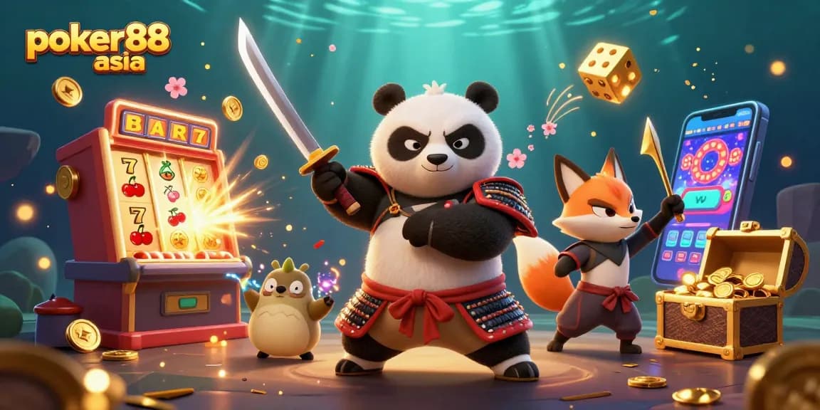 Poker88 asia menyajikan ilustrasi 3D yang dinamis dengan panda samurai dan fox ninja di tengah keseruan kasino.