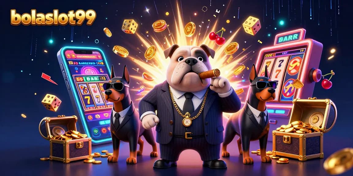 Bolaslot99 showcases a thrilling scene with a mafia bulldog enjoying a slot machine jackpot.