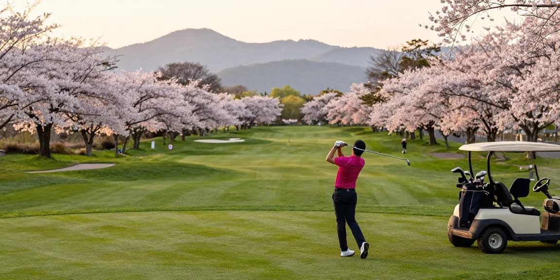 Pemain golf menikmati pengalaman bermain golf di Kato City dengan pemandangan bunga sakura yang memukau, bro178.