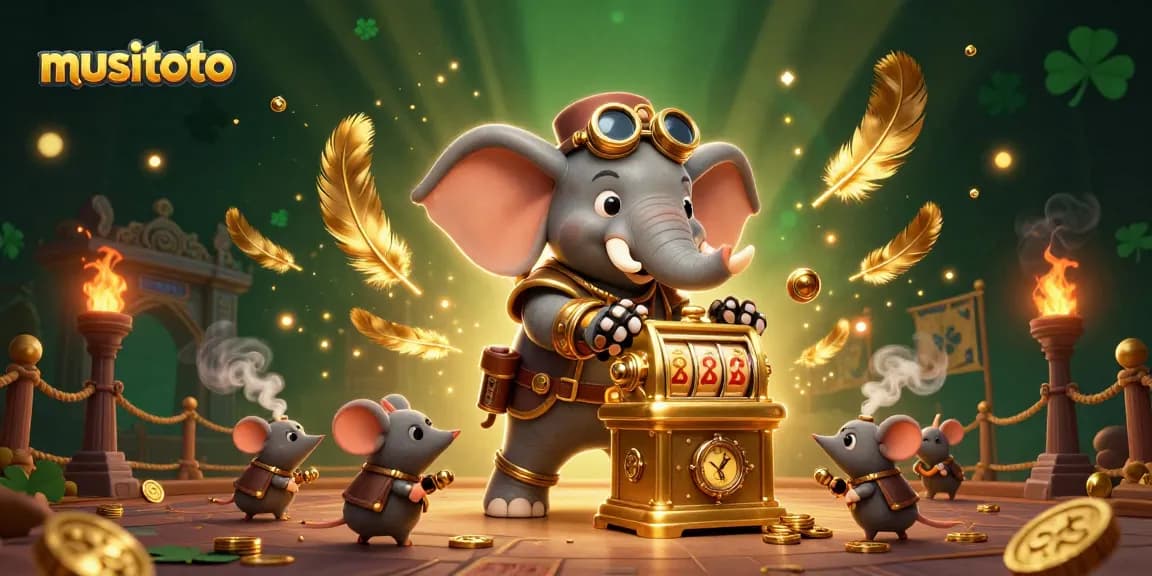 MUSITOTO menghadirkan ilustrasi 3D yang menampilkan karakter elefante steampunk yang mengoperasikan mesin slot emas dalam atmosfer kasino yang penuh warna.