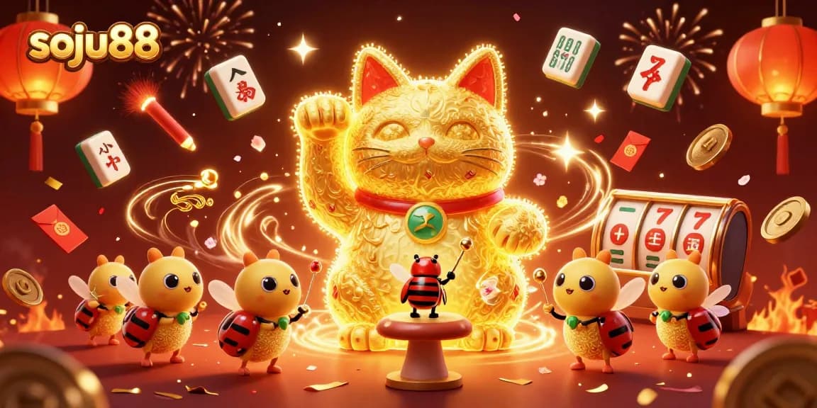Experience the thrill of soju88 in this vibrant 3D casino illustration with lucky cat and symbols.