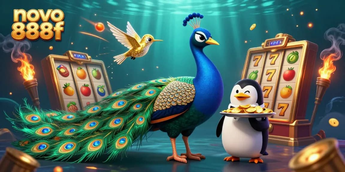 Win big with novo 888f's vibrant cartoon casino illustration featuring dazzling games and characters.