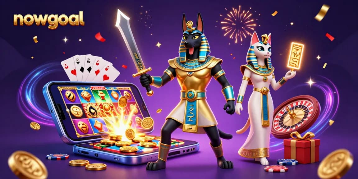 Taruhan sepak bola terbaru di Nowgoal dengan Anubis dan Bastet dalam suasana kasino.