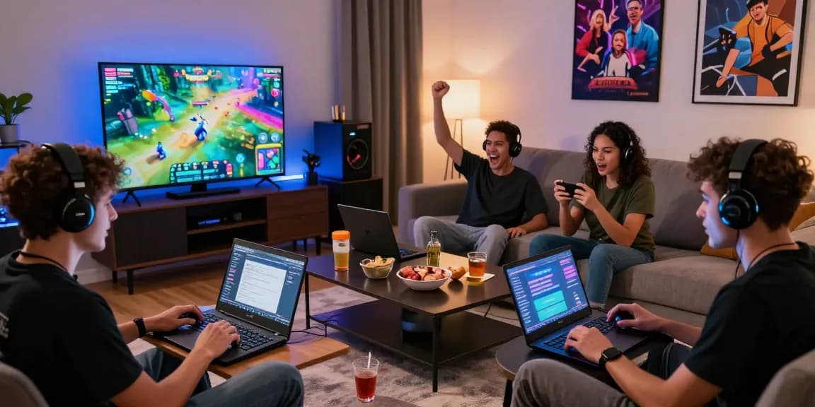 Gamers enjoying CIKA4D gaming experience in a lively modern setting with vibrant graphics and digital notifications.