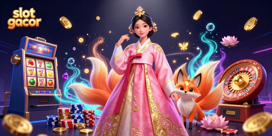 Engage with slot gacor featuring a woman in hanbok, lucky fox, and vibrant casino elements.