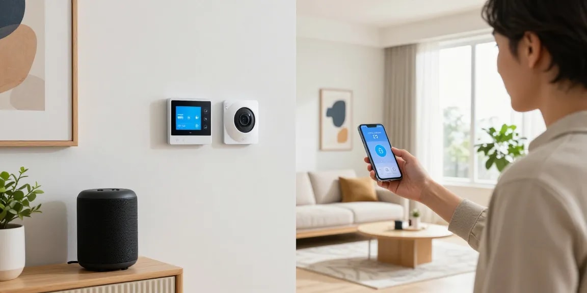 Smart home gadgets enhancing a modern living space with automated lighting, security, and comfort features.