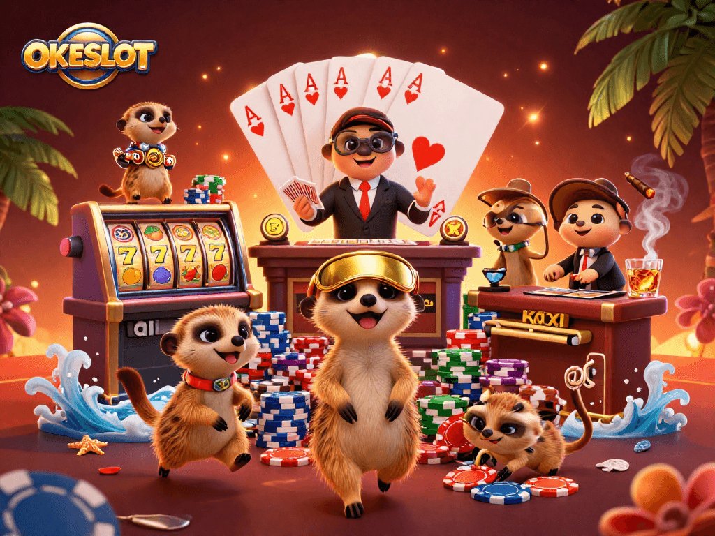 OKESLOT memberikan keseruan bermain slot dengan karakter meerkat di kasino yang ramai.