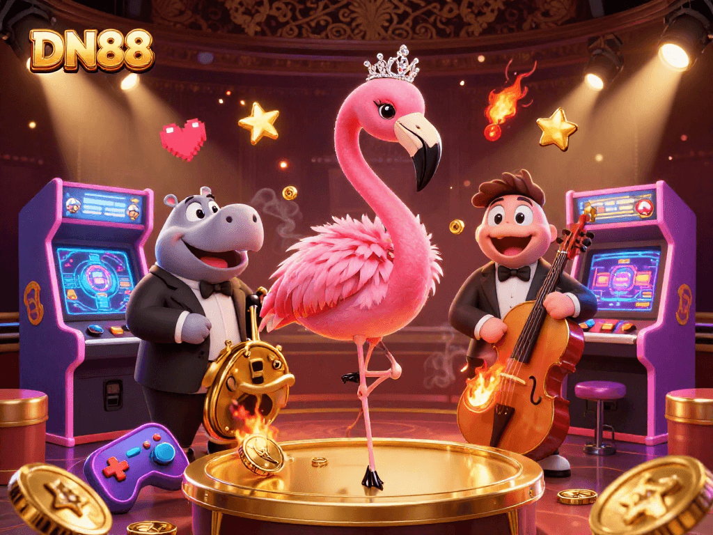 Experience the excitement of DN88 with colorful game elements and vibrant casino characters in a stunning digital illustration.