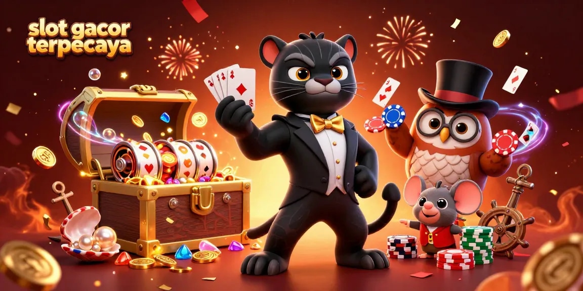 Slot gacor terpercaya dengan panther di tuxedo dan karakter imut di sekitar tumpukan chip permainan.