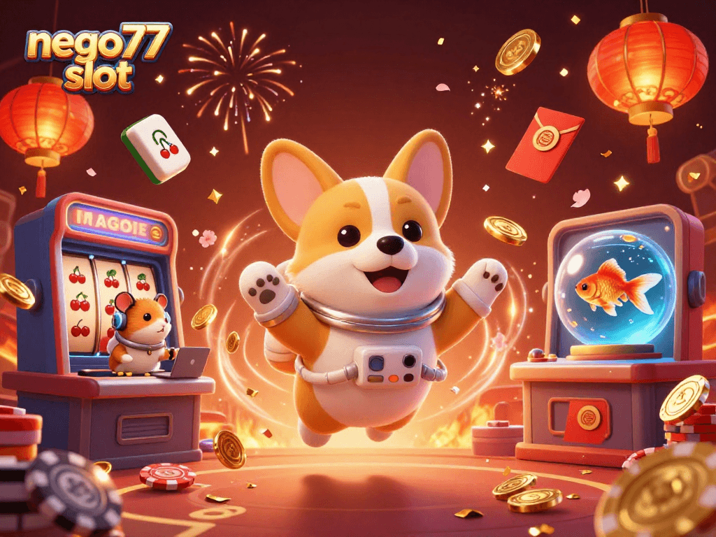 Experience excitement at nego77 slot with a dynamic cosmic casino scene featuring vibrant characters and gaming elements.