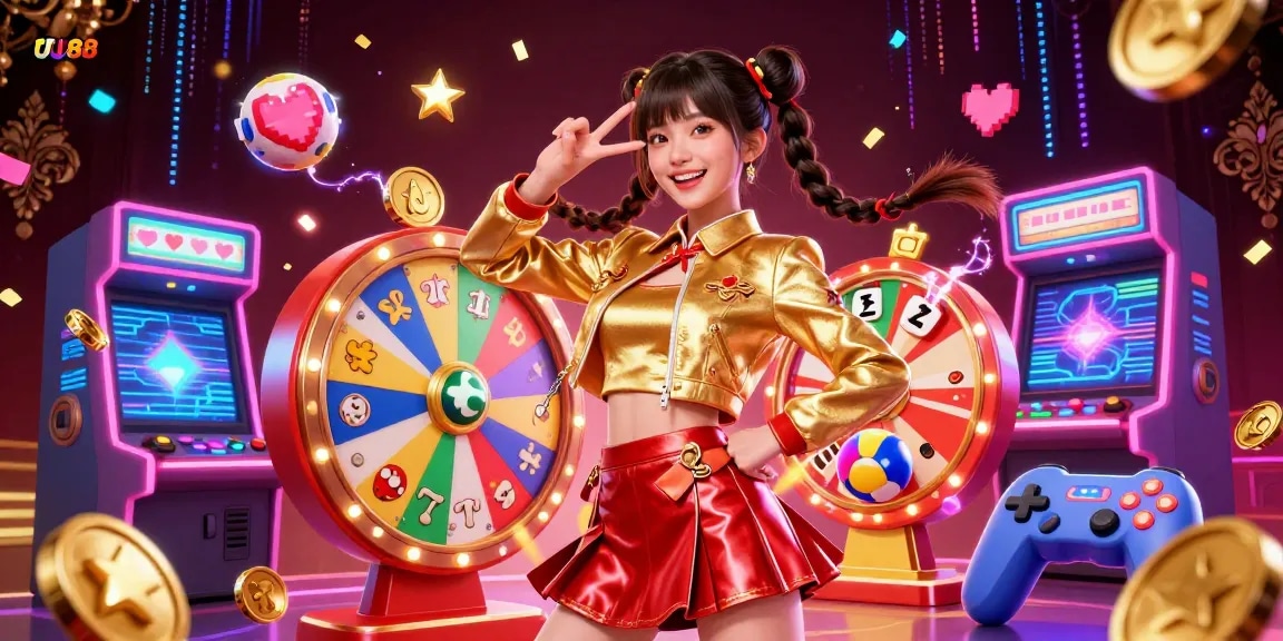 Experience the thrill of UU88 gaming with vibrant characters, colorful lottery elements, and dynamic casino visuals.