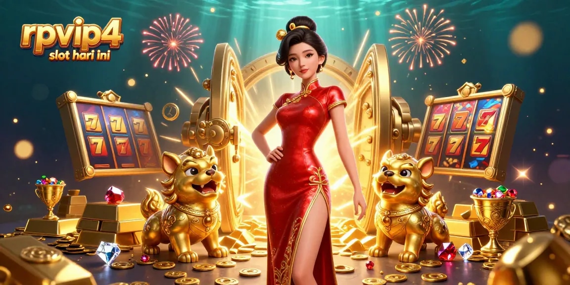 Experience rpvip4 slot hari ini with a glamorous Asian woman surrounded by golden treasures and slot symbols.