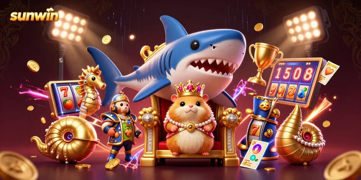 Experience the thrill of sunwin with a vibrant casino scene featuring royal characters amid dynamic slot games and glimmering trophies.