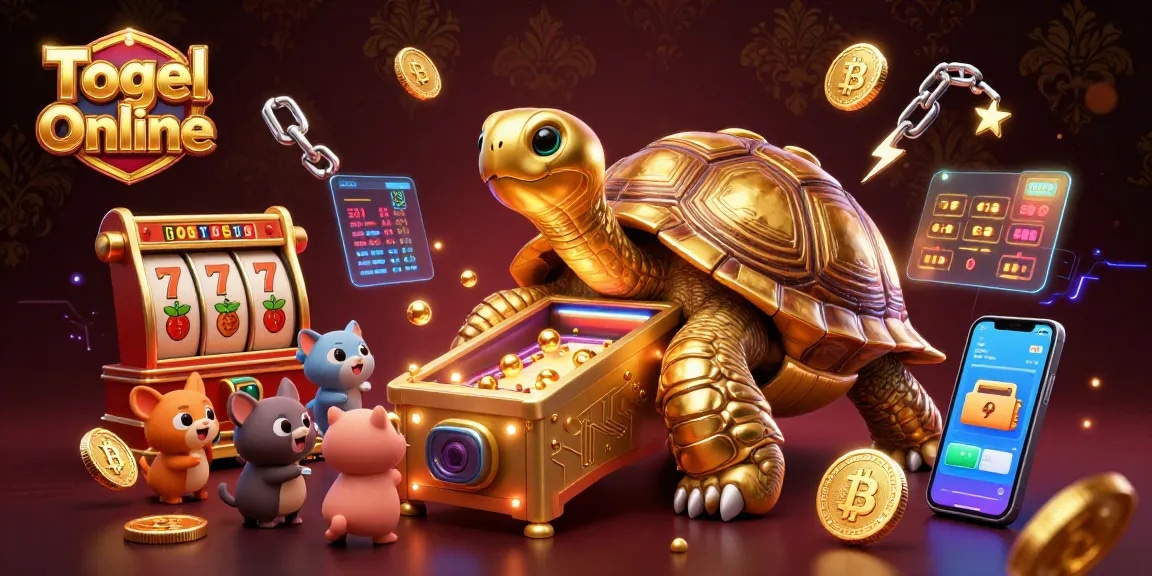 Engage in Togel Online with a vibrant scene of gaming excitement featuring a colossal golden tortoise and playful elements.