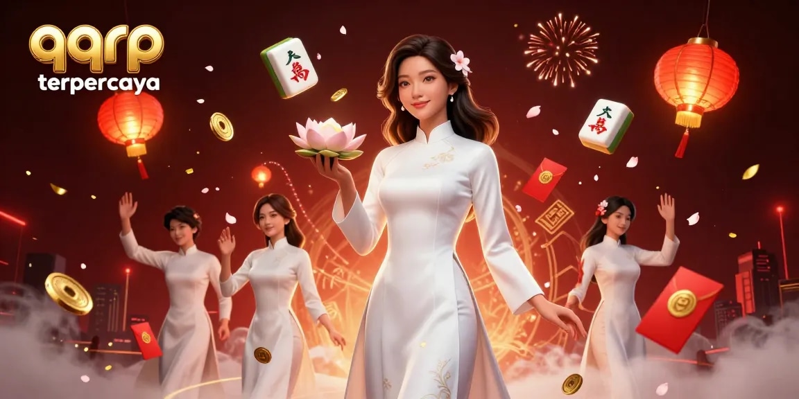 Experience thrilling games at qqrp terpercaya, featuring vibrant 3D illustration of mahjong elements and lucky symbols.