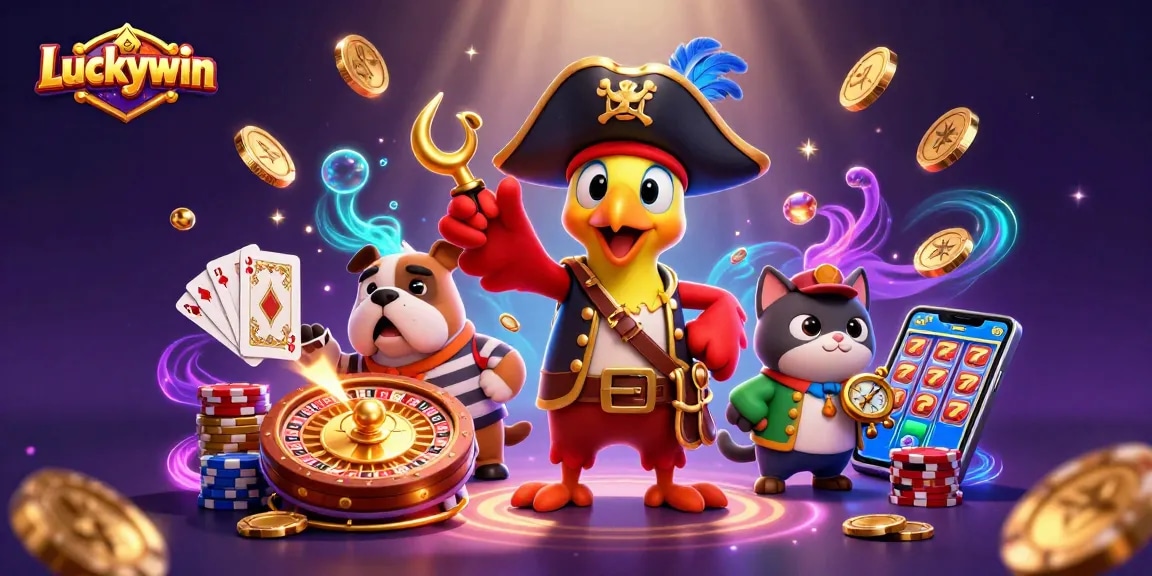 Experience wins with Luckywin in a vibrant casino scene featuring dynamic characters and game elements.