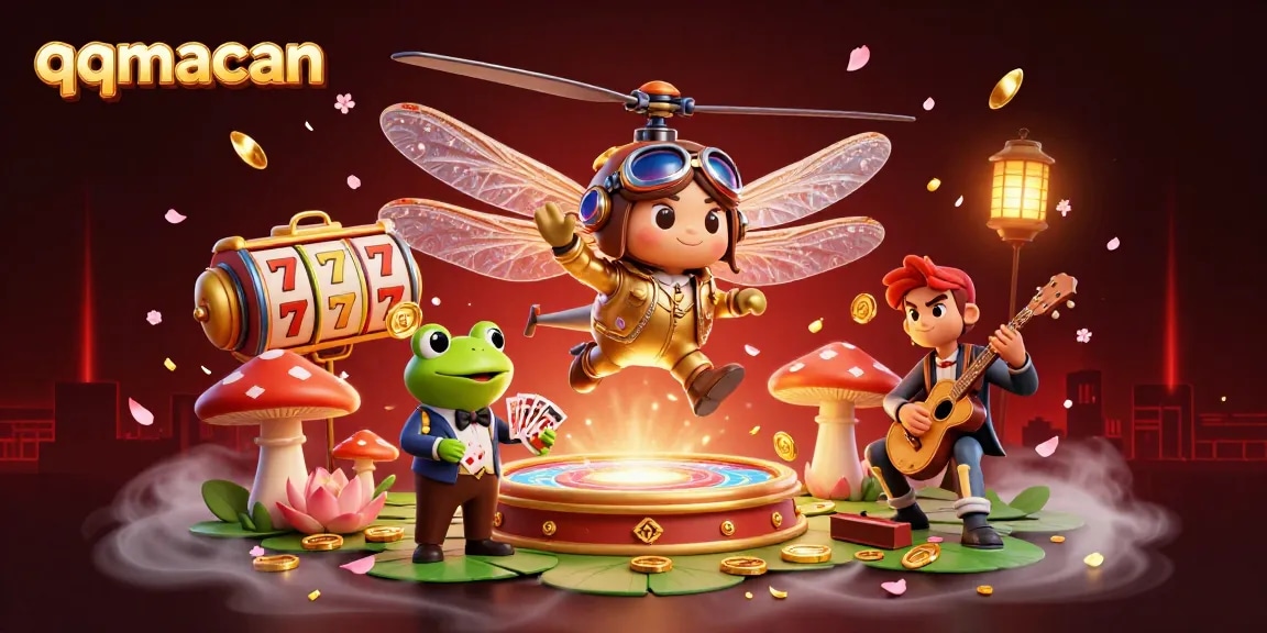 qqmacan offers unique casino experiences with a dragonfly pilot and frog croupier in a vibrant scene.