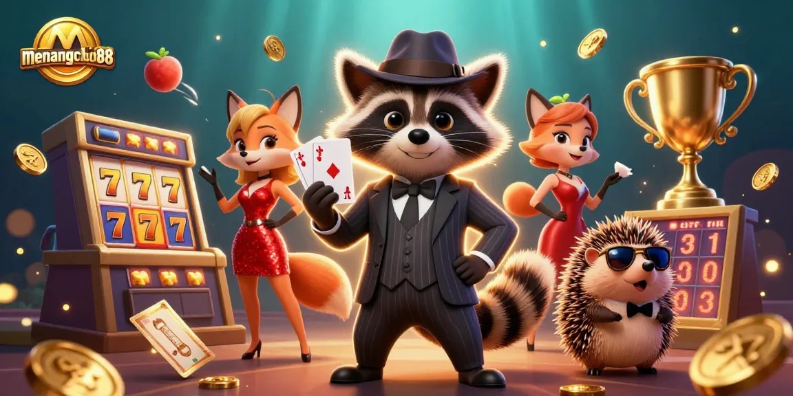 Engage with a thrilling scene at menangclub88 showcasing a suave raccoon in a pinstripe suit.
