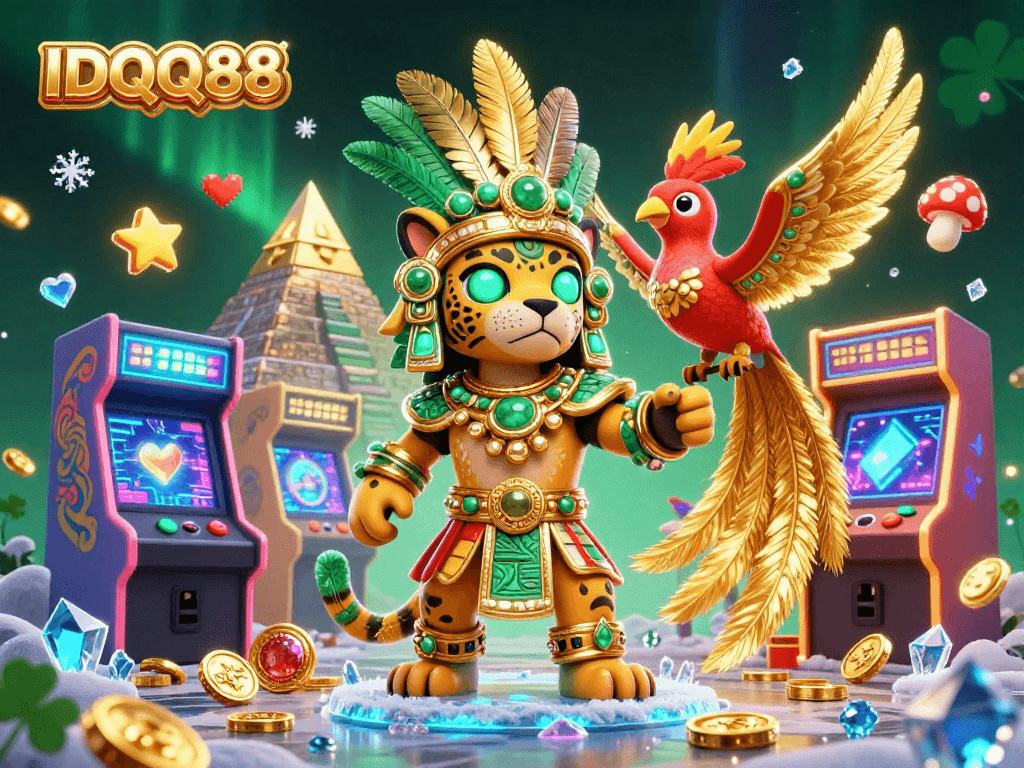 Experience thrilling gameplay with IDQQ88: a vibrant scene featuring a Mayan jaguar priest amidst dynamic gaming elements.