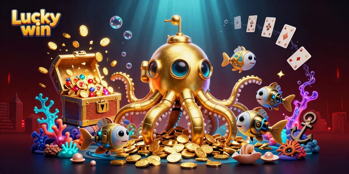 Spin the reels of "Lucky win," featuring a golden kraken submarine among massive coin cascades.