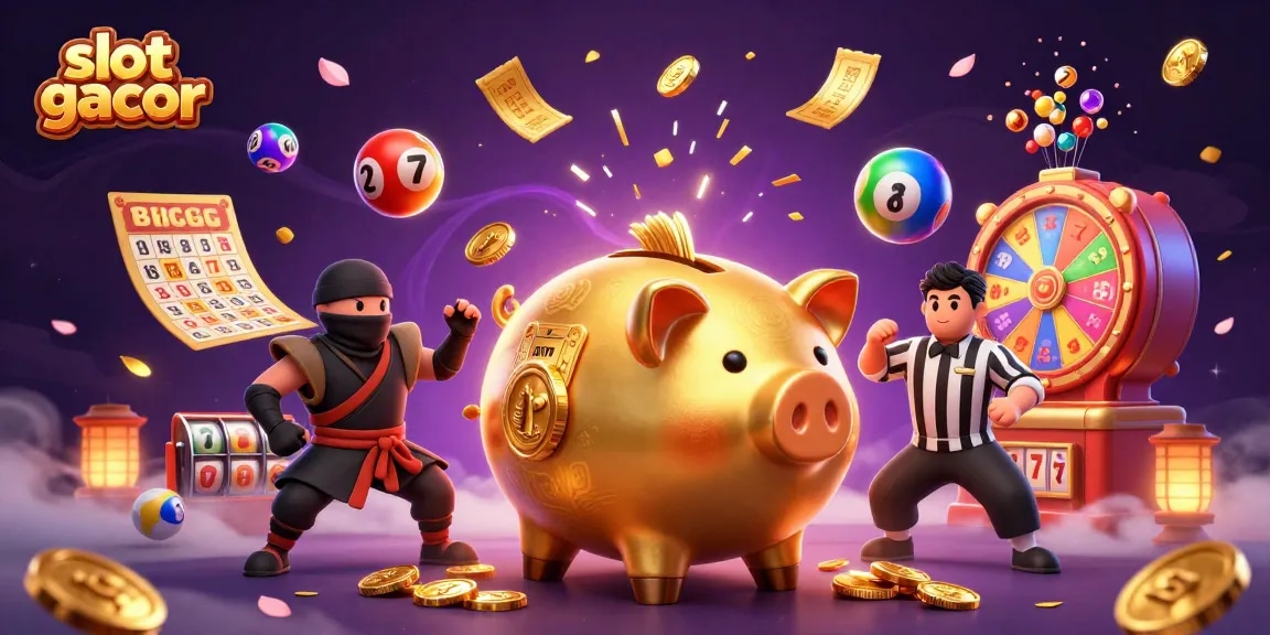 Slot gacor menampilkan sumo bank piggy emas, ninja, dan samurai dalam pertarungan dinamis.