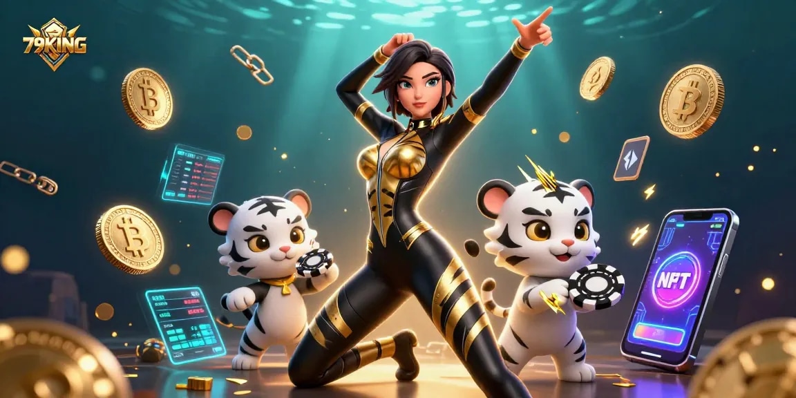 Experience thrilling wins at 79KING as a stunning acrobatic woman plays poker with a baby tiger.