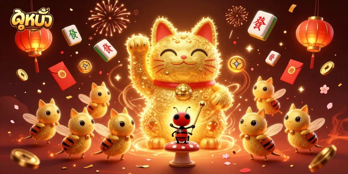 Watch ดูหนัง with a vibrant scene featuring a lucky cat surrounded by floating casino symbols and festive decorations.