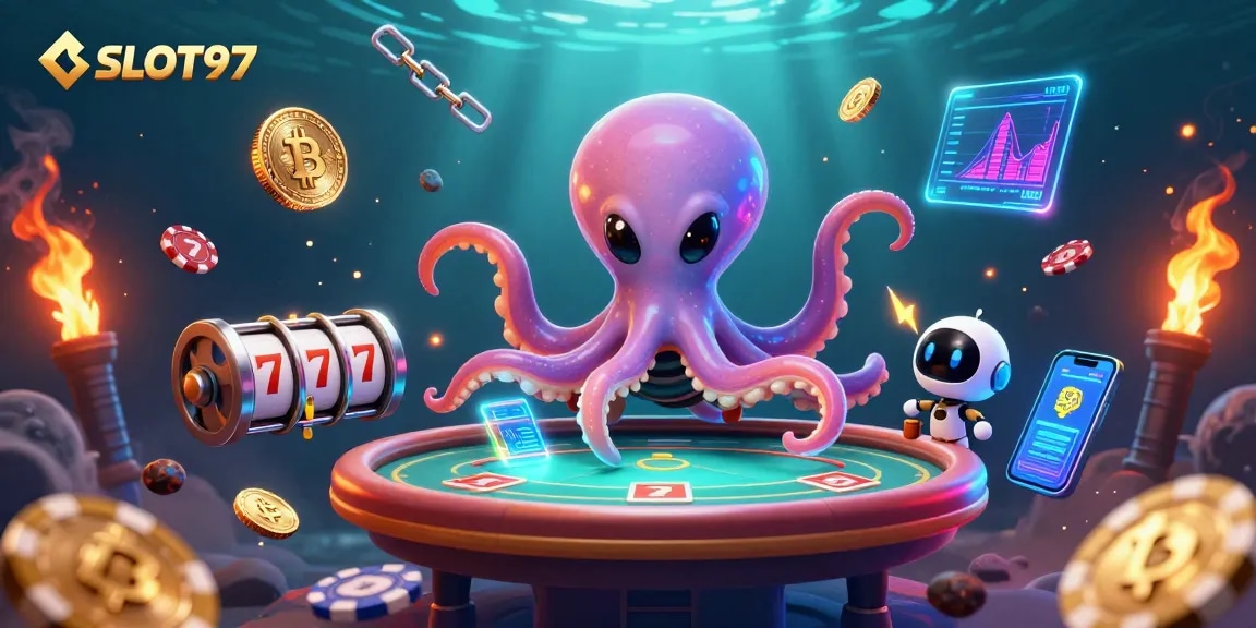 SLOT97 showcases an exciting cosmic casino scene with a playful octopus and crypto elements.