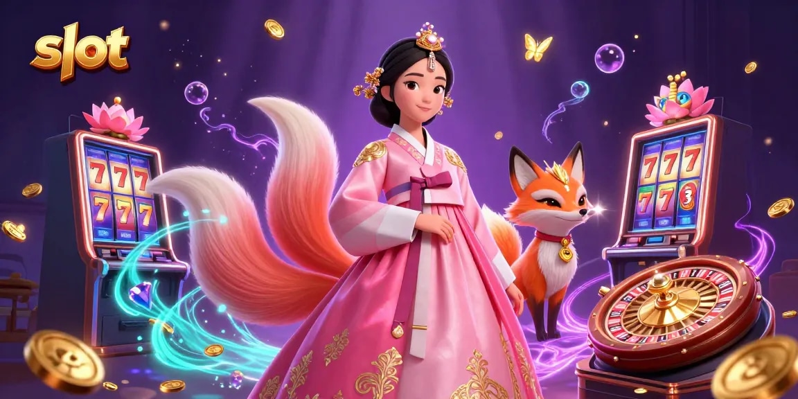Spin slots with luck as a graceful Asian lady and a lucky nine-tailed fox celebrate wins amidst golden coins.