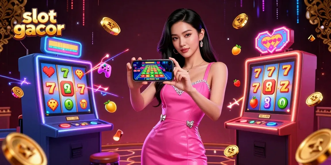Engage with slot gacor adventures in this vibrant casino scene depicting an Asian woman enjoying a live dealer game.
