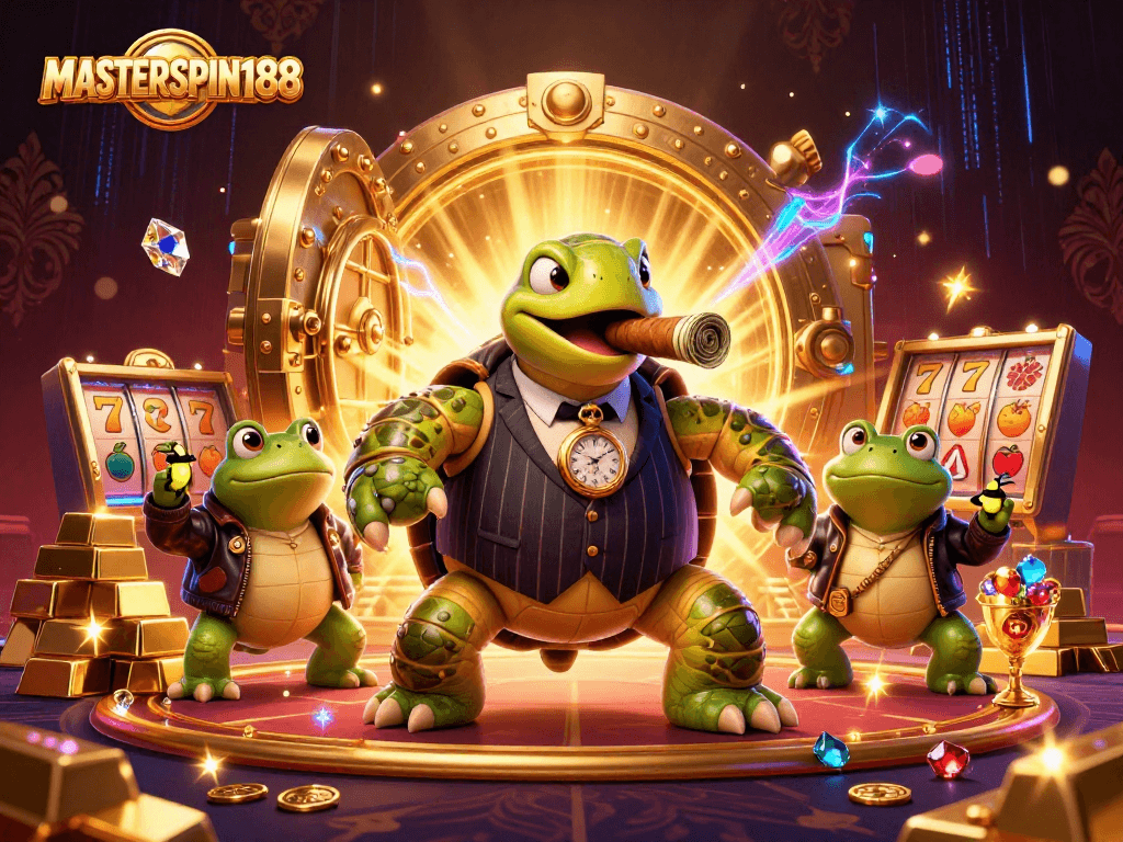 Masterspin188's 3D cartoon illustration showcasing a mobster turtle and bullfrog enforcers with casino lights.