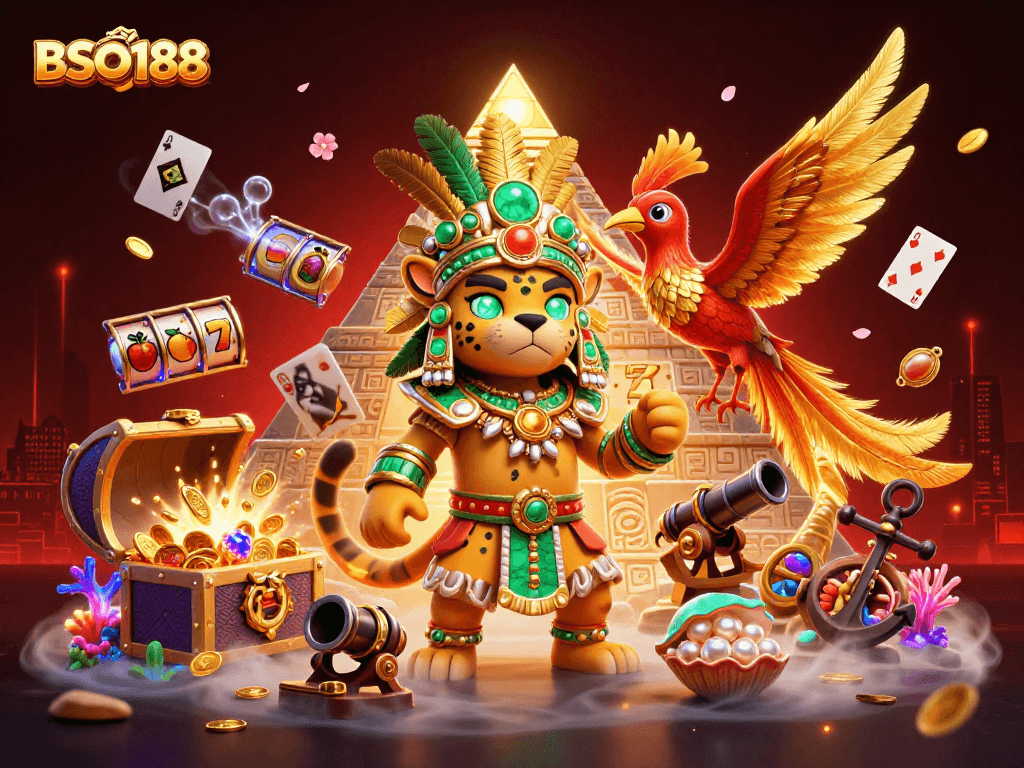 Spin the slots with BSO188 in a lush casino illustration featuring vibrant symbols and rich details.