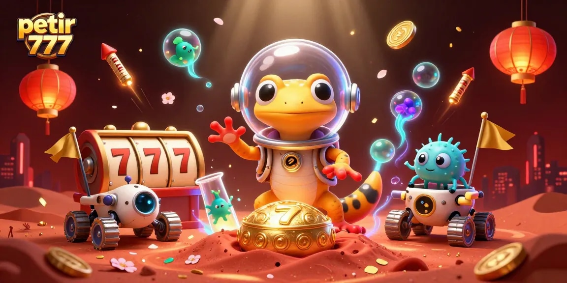 Experience the thrilling atmosphere of petir 777 with a Martian gecko discovering a golden casino amid sparkling animations and vibrant colors.