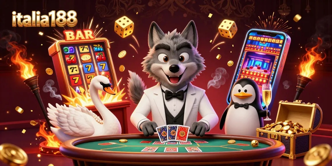 Ilustrasi kasino italia188 dengan karakter lucu, mesin slot jackpot, dan suasana meriah.