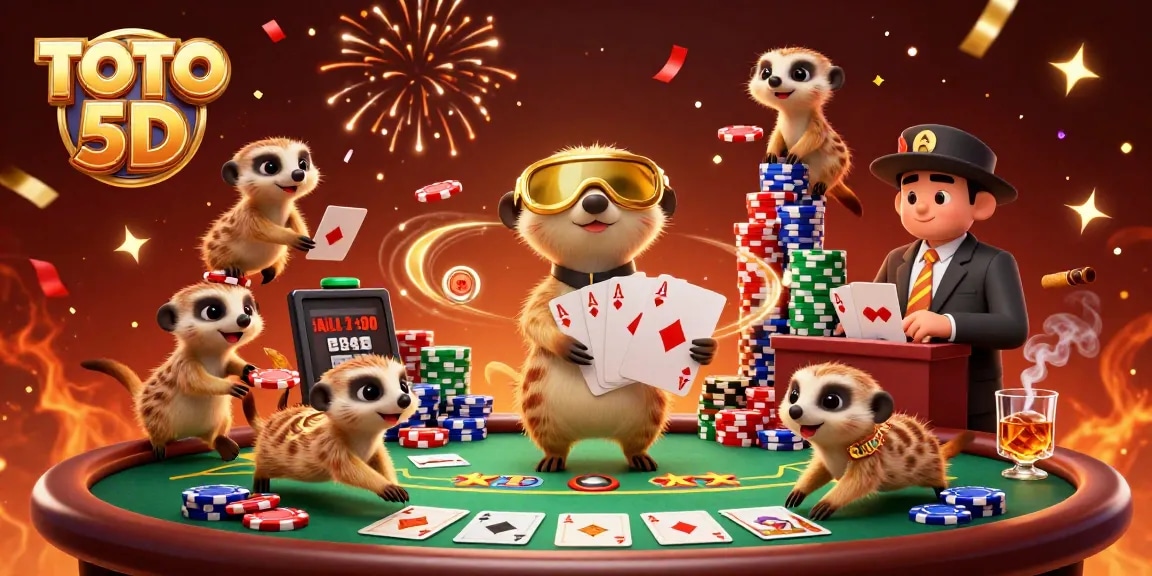 TOTO 5D melibatkan koloni meerkat bermain poker secara kreatif dalam ilustrasi 3D yang meriah.