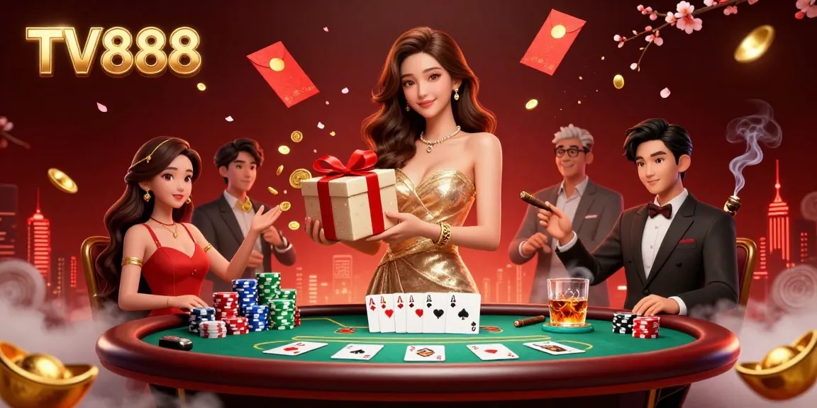 Engage in thrilling casino excitement with TV888's vibrant Lunar New Year celebration, showcasing festive elements and poker excitement.