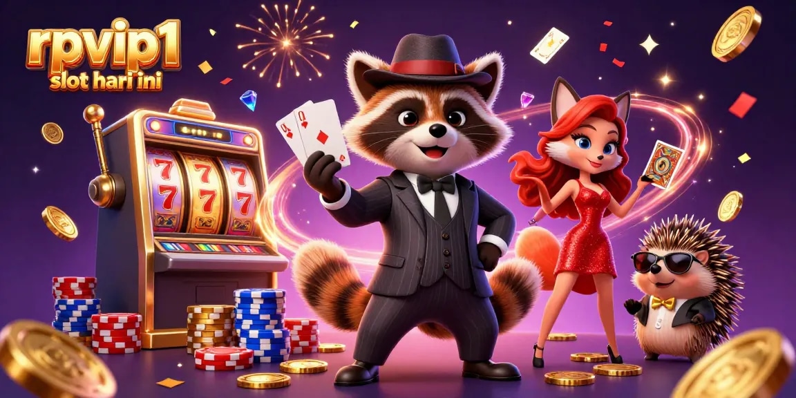 Spin and win big today with rpvip1 slot hari ini, featuring dynamic casino characters and vibrant elements.