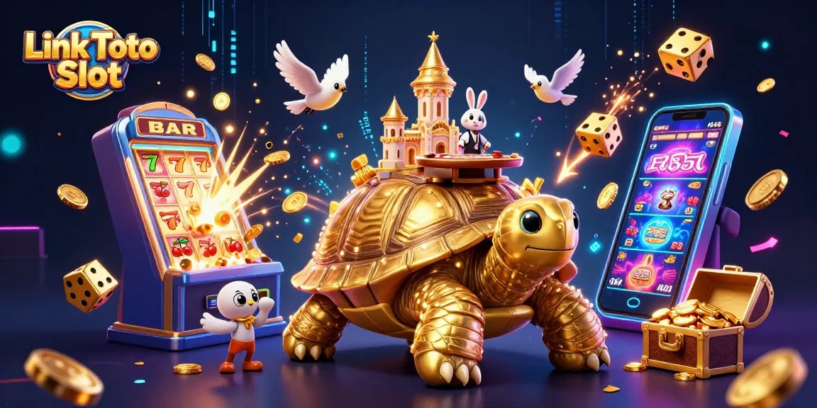 Gambarkan Link Toto Slot dengan tokoh penyu emas dan dealer kelinci di kasino, dikelilingi oleh mesin slot dan koin emas.