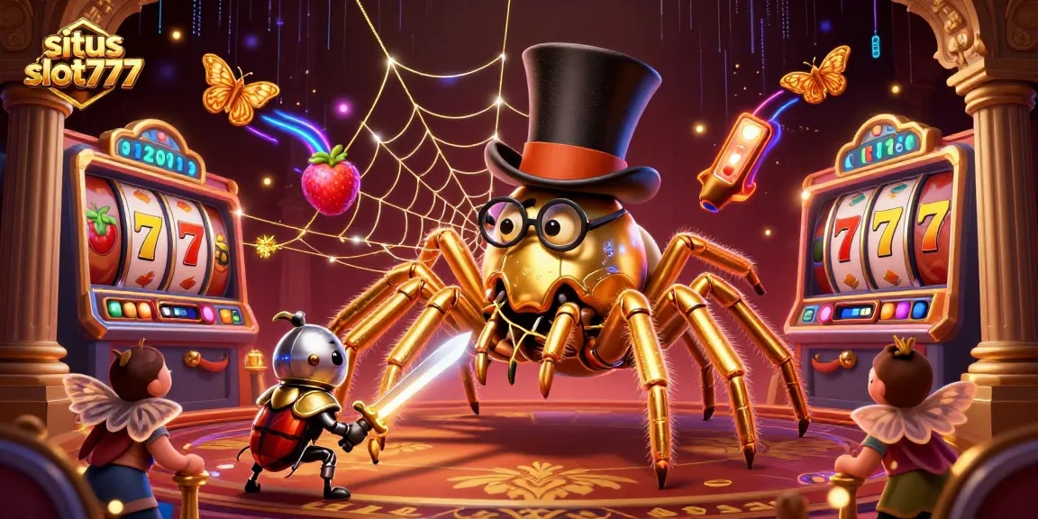 Spin the reels at situs slot777 with a golden tarantula and a knight in this dynamic casino scene.