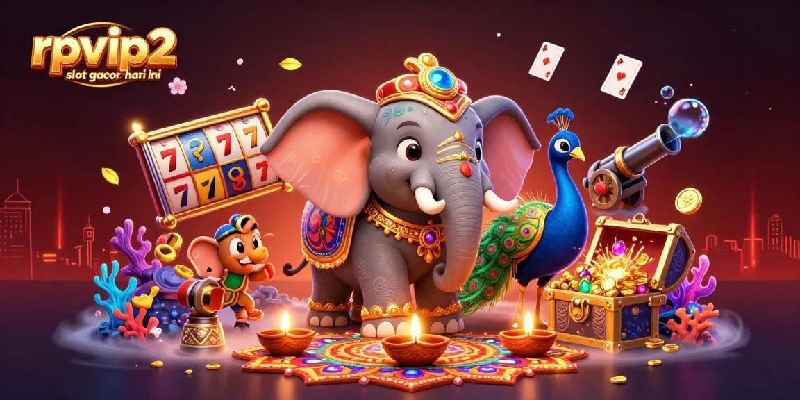 Spin the reels of rpvip2 slot gacor hari ini in a vibrant 3D carnival scene filled with treasures.