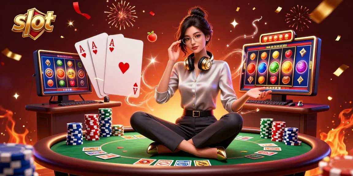 Experience thrilling slot action with an elegant Asian woman engaged at a high-tech gaming setup.